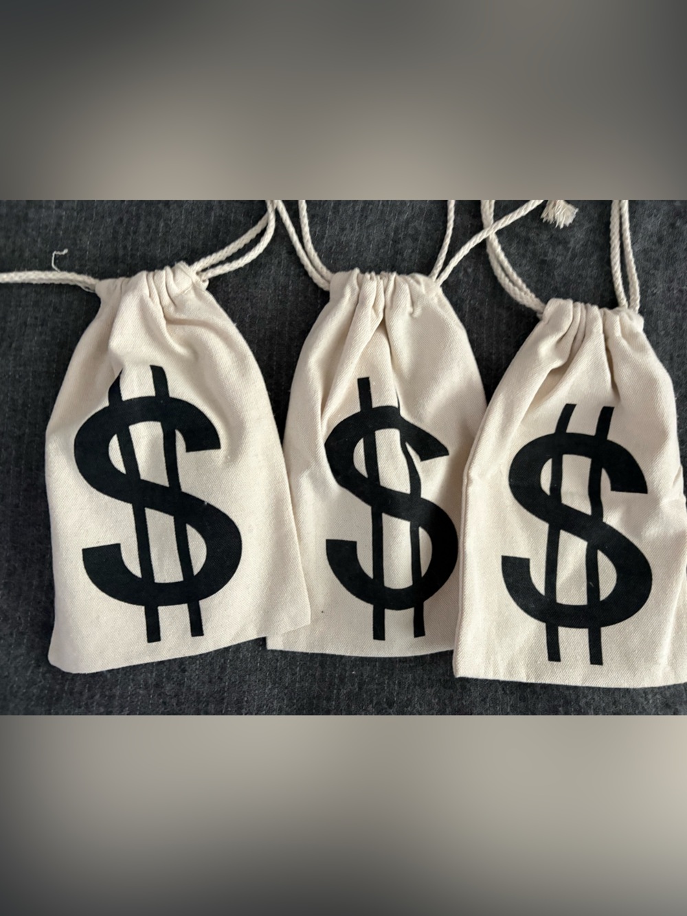 Canvas Drawstring Pouches with money dollar sign - Set of 3